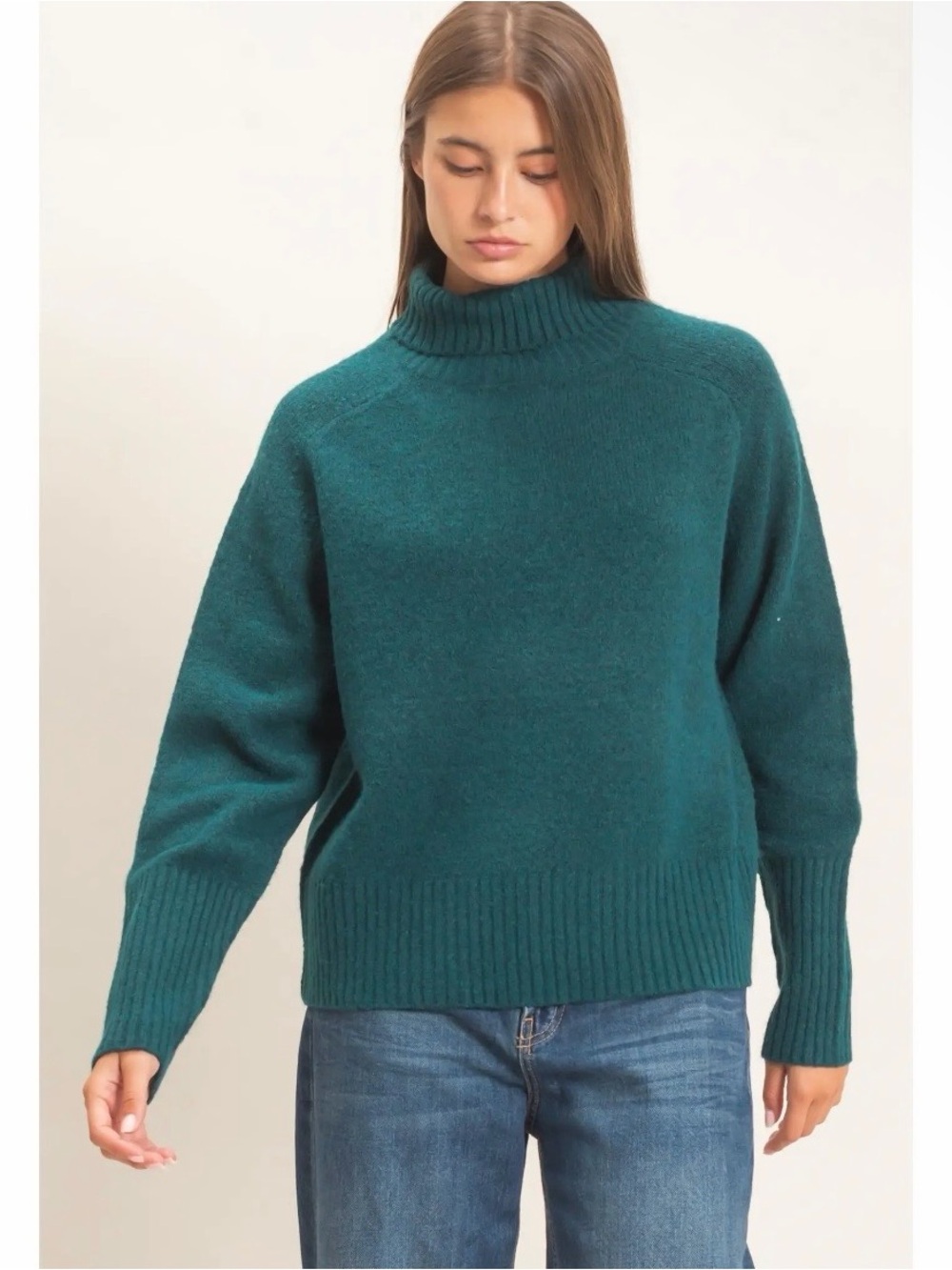 045. Teal Green,  relaxed fit , ribbed cuffs, Turtleneck Sweater, various sizes